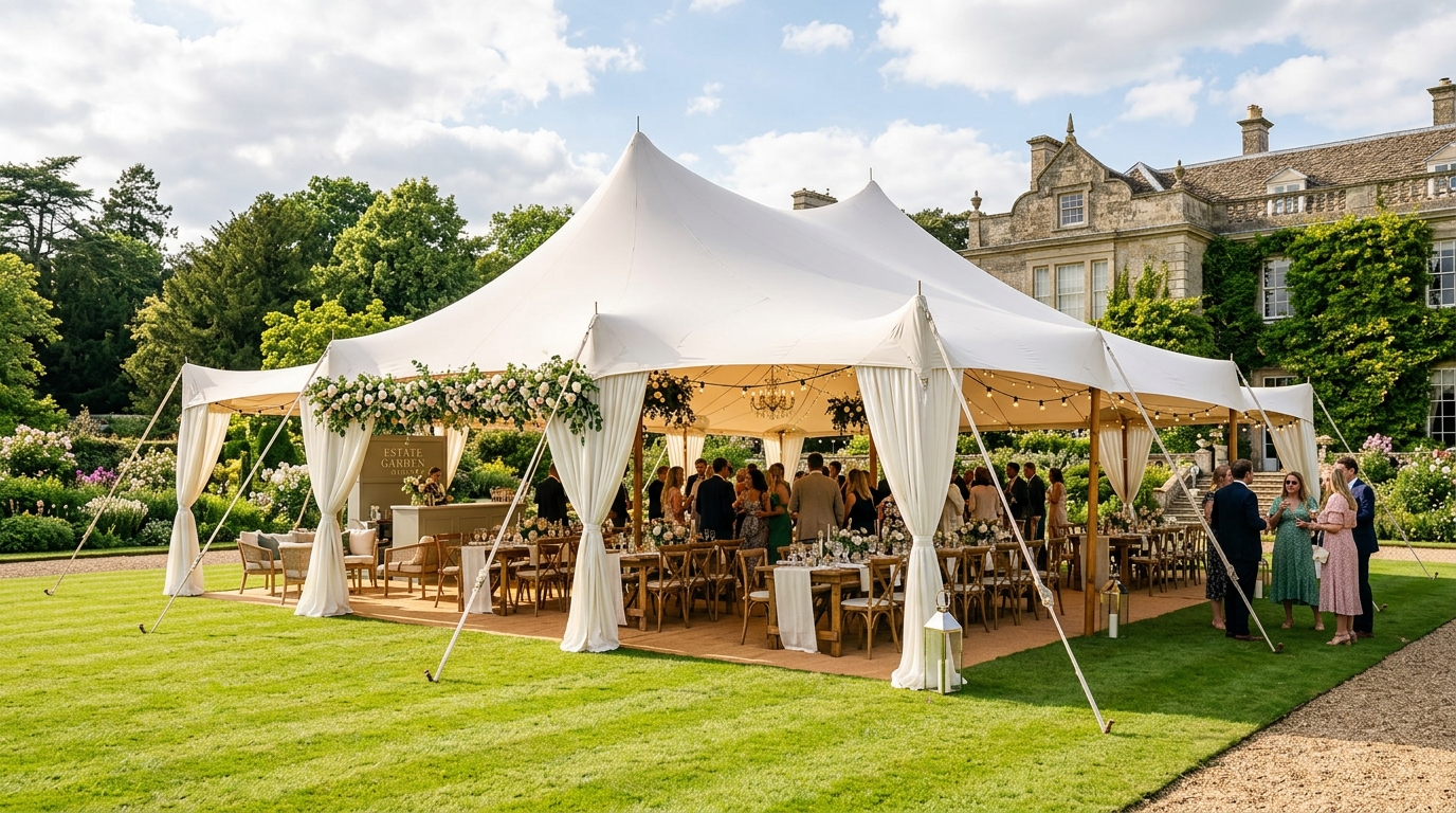 Luxury Bedouin Stretch Marquee Tent set up for an elegant outdoor wedding