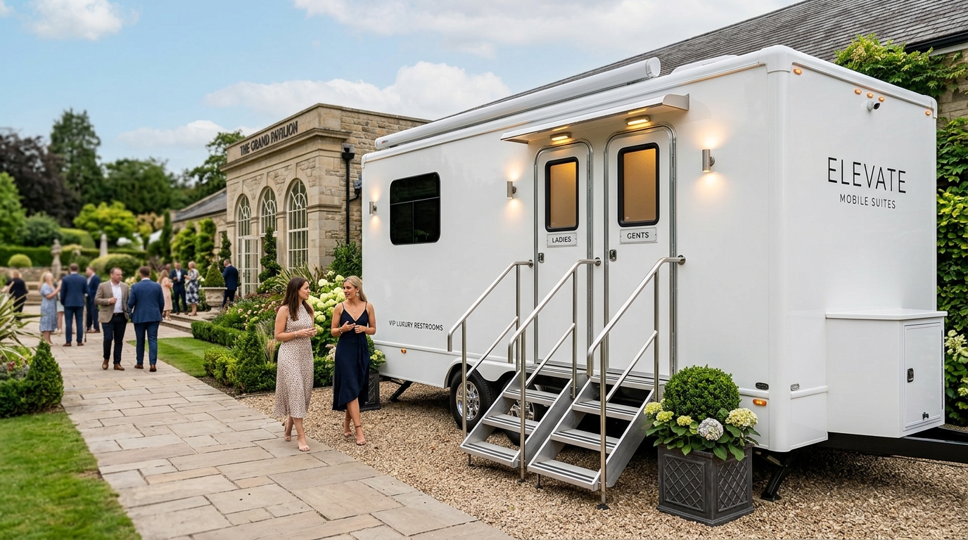 Luxury VIP mobile restroom trailer suites parked at a high-end estate event